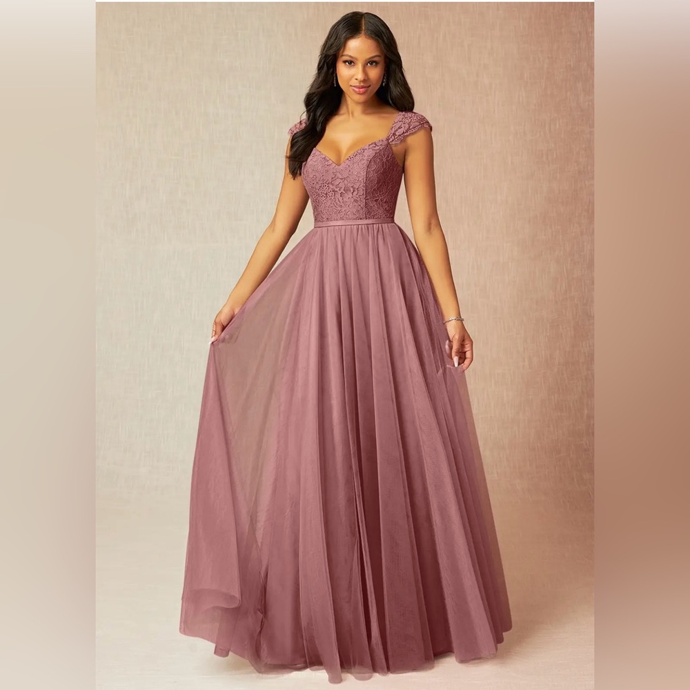 Azazie dusty rose Lace & Tulle Maxi Dress - NWT